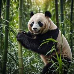 Obraz premium Panda Climbing a Bamboo Tree. 