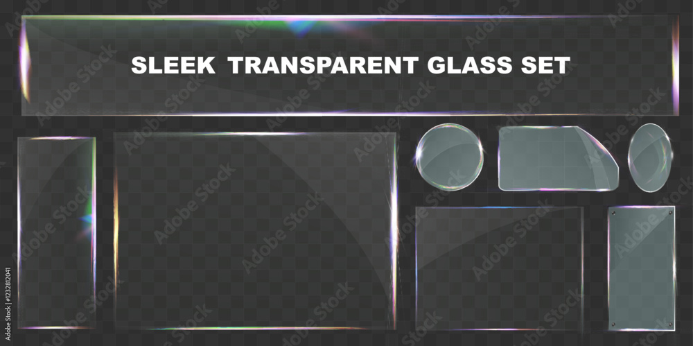 Poster sleek transparent glass pane set with various shapes, including rectangular, circular, and custom cu