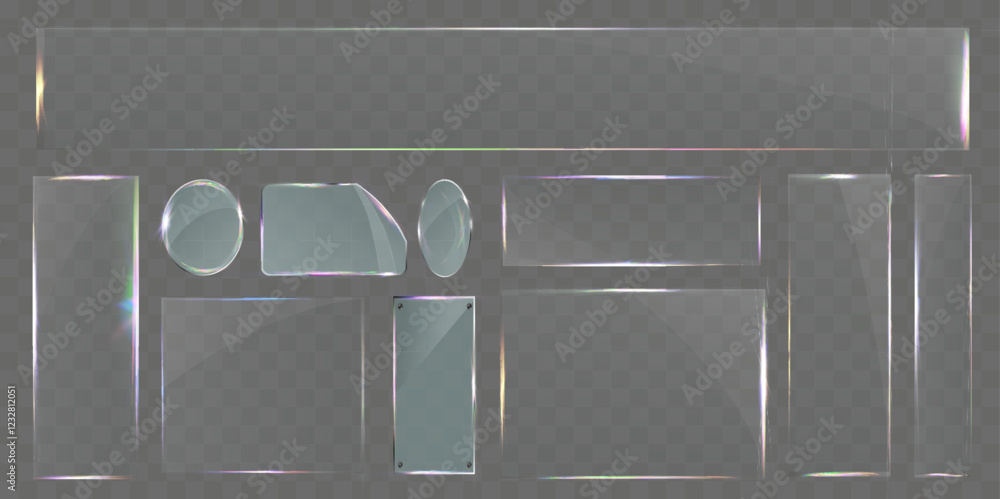 Poster sleek transparent glass pane set with various shapes, including rectangular, circular, and custom cu