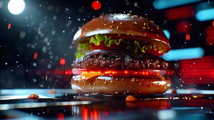 Juicy burger, city lights backdrop, food splash, advertisement