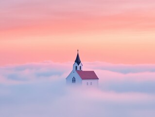 Fototapeta premium a small church standing above the clouds in a beautiful pastel sunrise