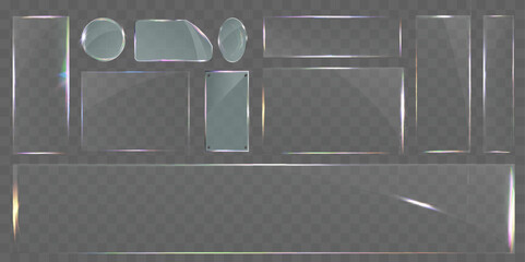 Sleek transparent glass pane set with various shapes, including rectangular, circular, and custom cuts. Modern light reflections and subtle rainbow effects, ideal for UI design, web elements, banners.
