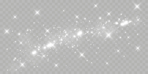 Fototapeta premium Sparkling white light particles on transparent background, glowing stars and dust effect, festive glitter overlay, magical illumination, digital abstract decoration. 