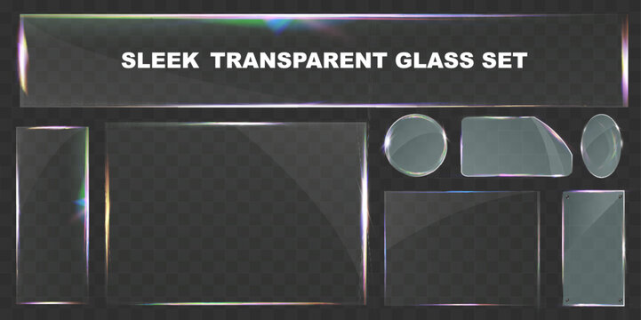 Sleek transparent glass pane set with various shapes, including rectangular, circular, and custom cuts. Modern light reflections and subtle rainbow effects, ideal for UI design, web elements, banners.
