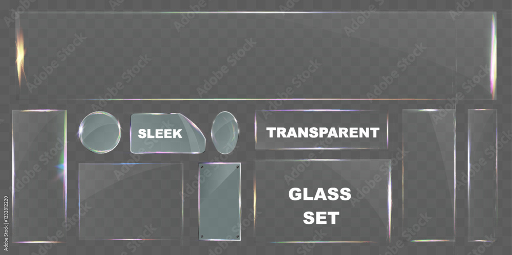 Poster sleek transparent glass pane set with various shapes, including rectangular, circular, and custom cu