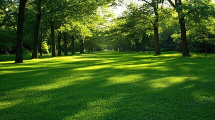 Sunlit Green Grass Path Lined With Trees