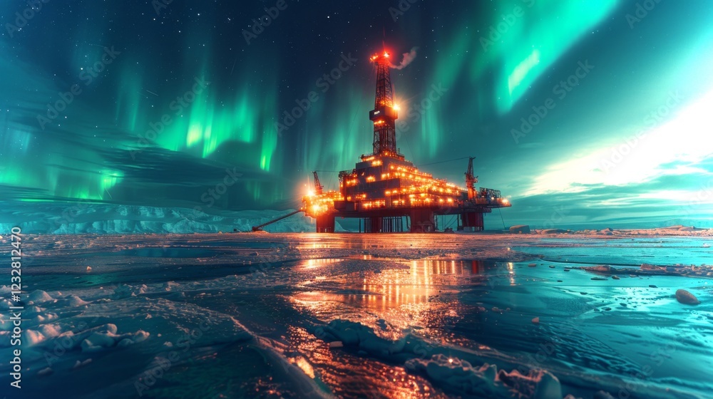 Poster an oil rig stands majestically in a frozen area, illuminated by warm lights while the northern light