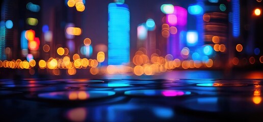 Obraz premium City night lights, blurred background, reflective surface, urban scene