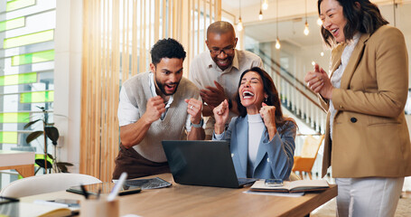 Excited business woman, winner and celebration in promotion, announcement or negotiation success at...