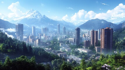Fototapeta premium Modern City nestled in a Majestic Mountain Range