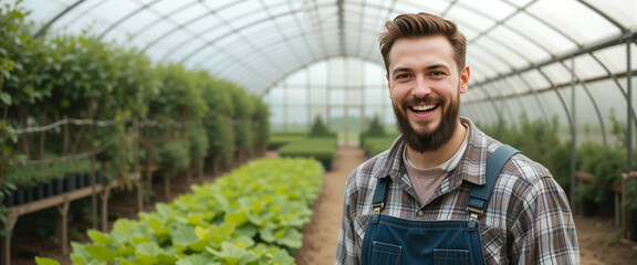Wide banner image of handsome happy farmer wearing hat, looking and posing to the camera inside a greenhouse with pretty smile 