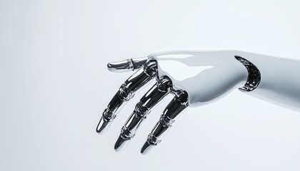 A sleek, robotic hand with metallic fingers and joints, showcasing advanced technology and design in robotics.