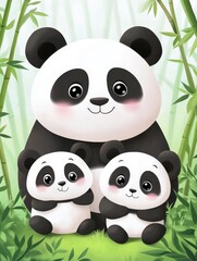 Fototapeta premium Adorable Panda Family in Lush Bamboo Forest - A charming panda family surrounded by greenery symbolizing love, nature, family bond, cuteness, and harmony.