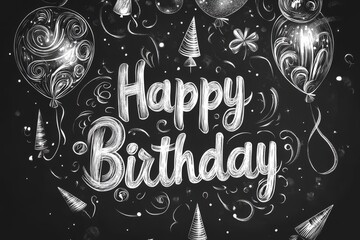 Hand-Drawn Happy Birthday Celebration Design with Balloons and Hats