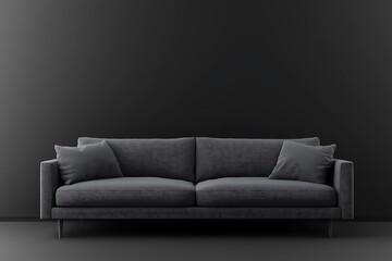 A trendy living area with a gray sofa and an unadorned black wall, establishing a polished interior for a 3D mockup.