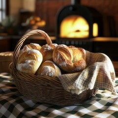 Buns and loaves nestled in a warm basket on a checkered tablecloth with the glow of a bakery oven illuminating the scene. Generative AI