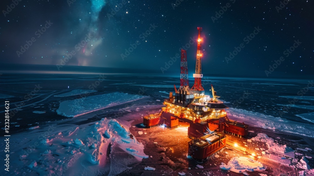 Poster brightly lit oil rig stands out against the night sky while surrounded by icy waters and floating ic