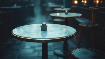 Obraz premium Empty cafe table, night scene, soft lighting, romantic ambiance, stock photo