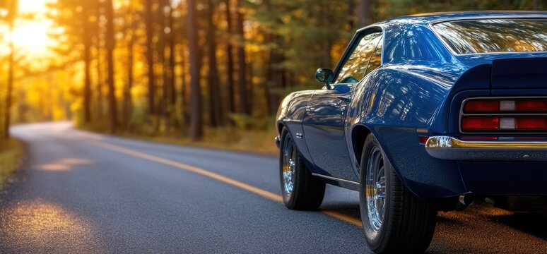 Classic car road trip, autumn forest sunset