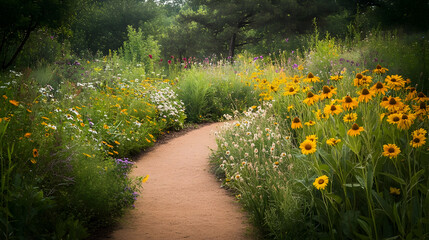 Serene Garden Path: A Summer Walk Through Blooming Wildflowers
