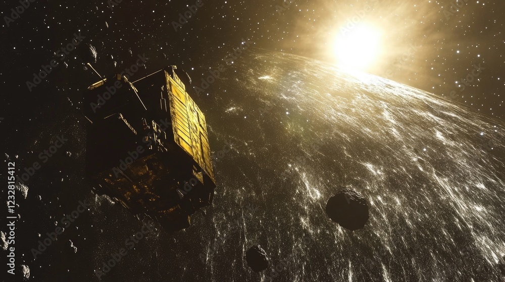 Poster Spacecraft approaching a planet with asteroids in space