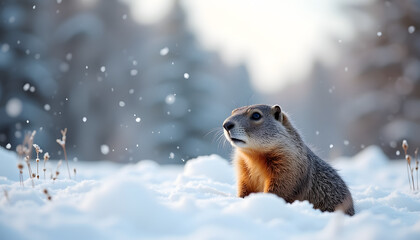Obraz premium Marmot sitting in snow during winter, Groundhog Day