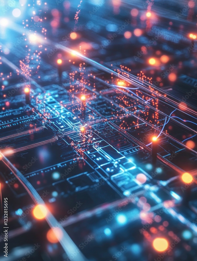 Poster abstract digital circuitry: glowing network data streams
