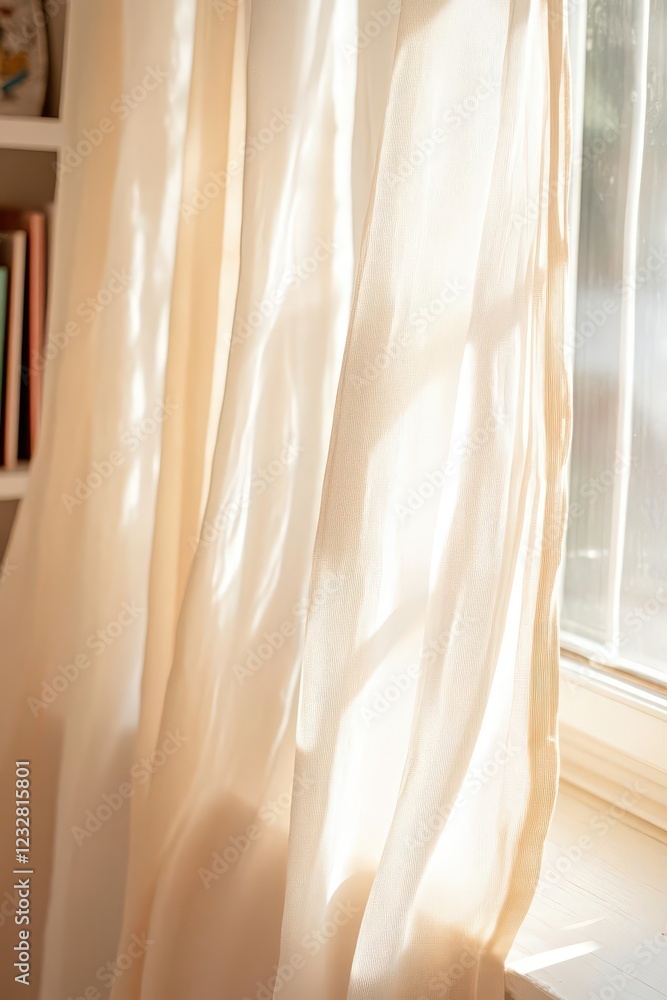 Poster sunlight streaming through sheer curtains, casting a warm glow on a shelf displaying rare and histor