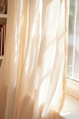 Sunlight streaming through sheer curtains, casting a warm glow on a shelf displaying rare and historic cultural artifacts.