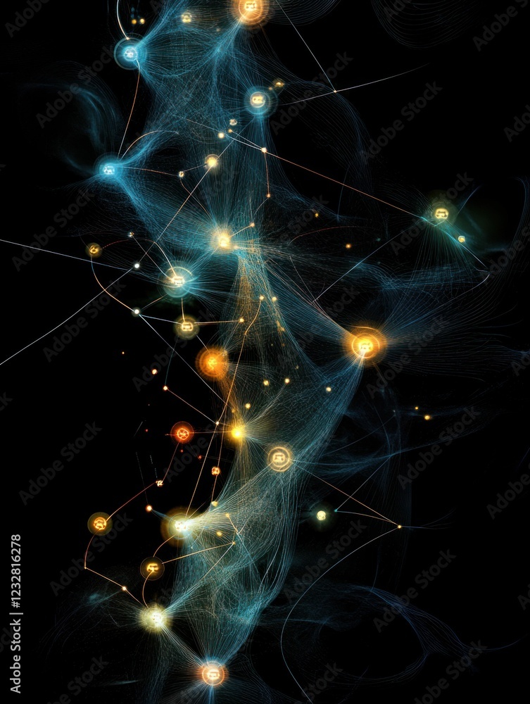 Poster abstract network visualization: interconnected nodes and flowing data streams