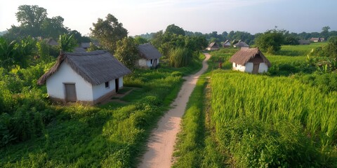 Obraz premium Sunset view of a small eco-village with thatched roofs and lush permaculture gardens