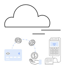 Cloud above credit card, coins, hand, and POS terminal. Ideal for fintech, e-commerce, contactless payment, cloud computing digital transactions online banking financial technology. Line metaphor