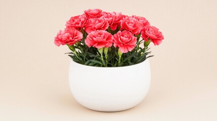 Pink Carnations in White Pot on Beige Background