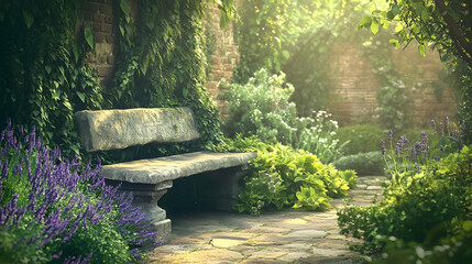 Serene Stone Bench in a Sunlit Garden