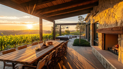 Fototapeta premium Rustic Vineyard Patio at Sunset: Luxury Outdoor Dining and Relaxation