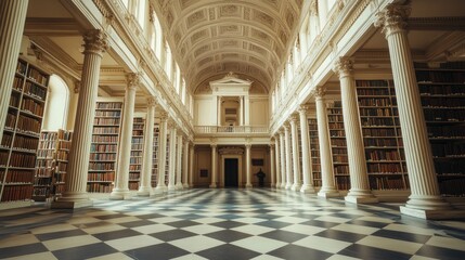Grand Library Hall with Classic Columns and Bookshelves
