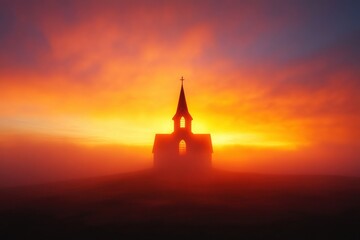 Obraz premium silhouette of a church at sunrise with fog
