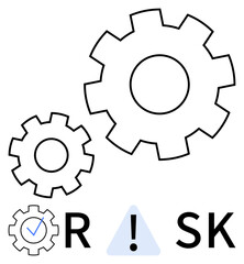Three gear cogs, one with checkmark, alongside letters R and SK with exclamation in triangle symbol. Ideal for business risk management, quality control, systems analysis, engineering, process