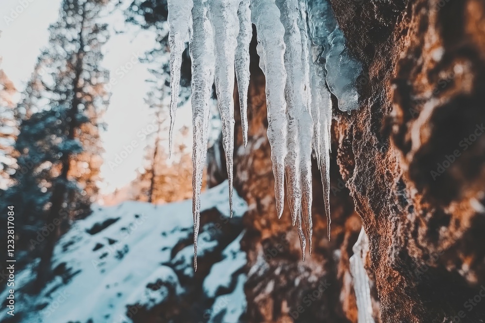 Poster ice formations on rocky surface with pine trees in background