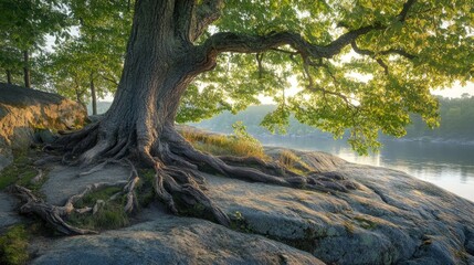 Majestic Tree Roots Embrace Riverbank Rocks