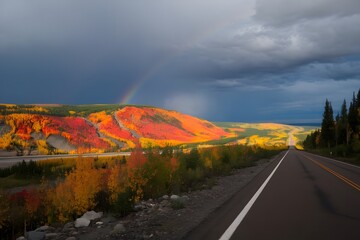 The Dempster Highway's environment is illuminated by vibrant fall colors, and in the distant, a rainbow appears in the storm clouds. Yukon's Dawson City, Canada
