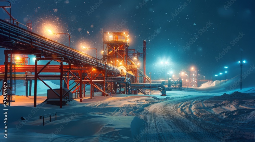 Poster A large industrial complex stands amidst deep snow, featuring pipelines and structures glowing under bright artificial lights during a wintry night.
