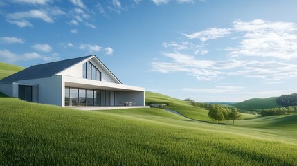 A serene countryside estate with rolling green hills, a modern farmhouse, and a bright, clear sky overhead. Peaceful and lush.