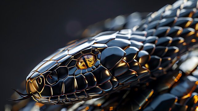 Metallic Snake Head Closeup, Dark Background, 3D Render, Graphic Design - Powered by Adobe