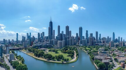 Obraz premium Chicago Skyline River Park Aerial View