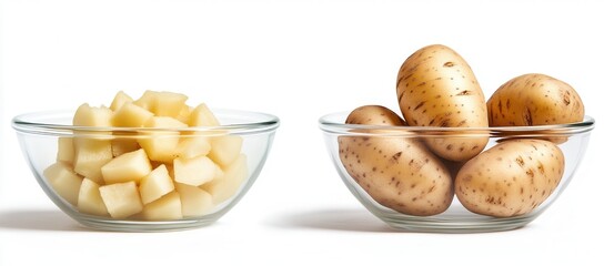 Two transparent bowls, isolated on a white background. One bowl is filled with diced potatoes, and the other holds whole, unpeeled potatoes in their natural