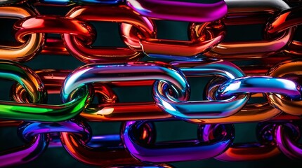 a close-up of intertwined metallic chains painted in bright rainbow colors, creating a visually appealing and dynamic effect.