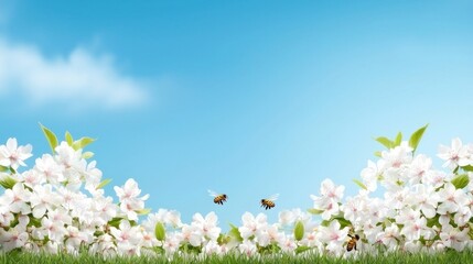 White Blossoms and Bees Under a Blue Sky