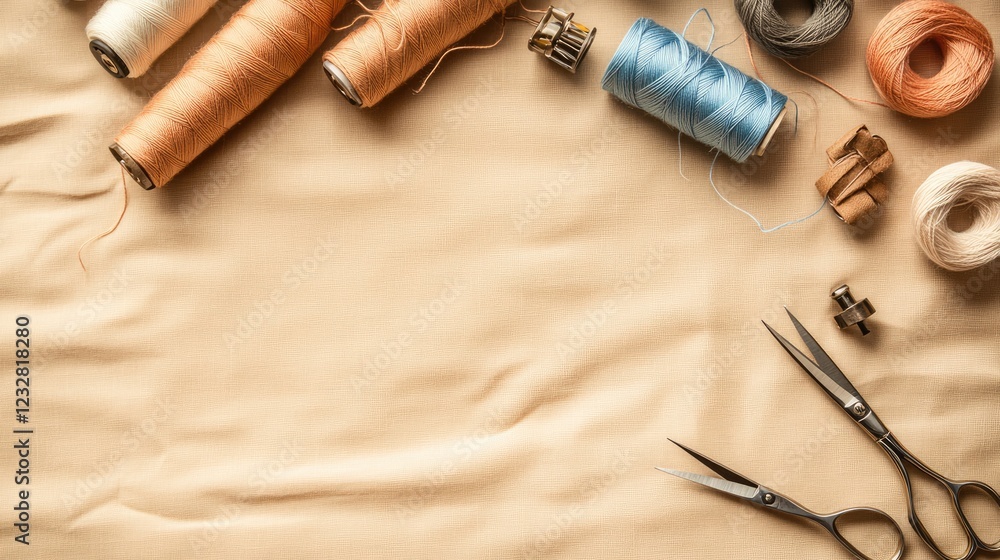 Poster Beige Fabric With Spools Of Thread And Scissors
