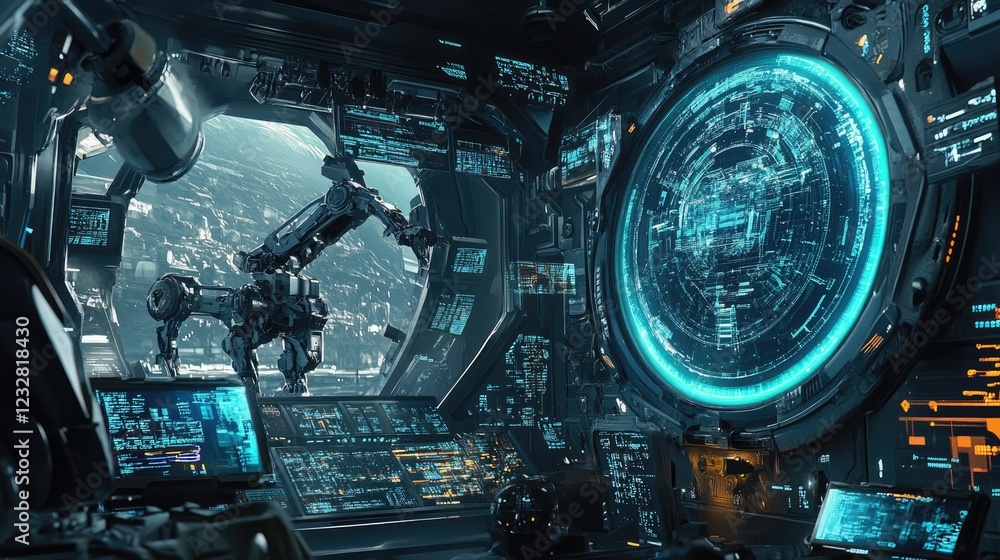 Aufkleber futuristic spaceship bridge control room with robot arm